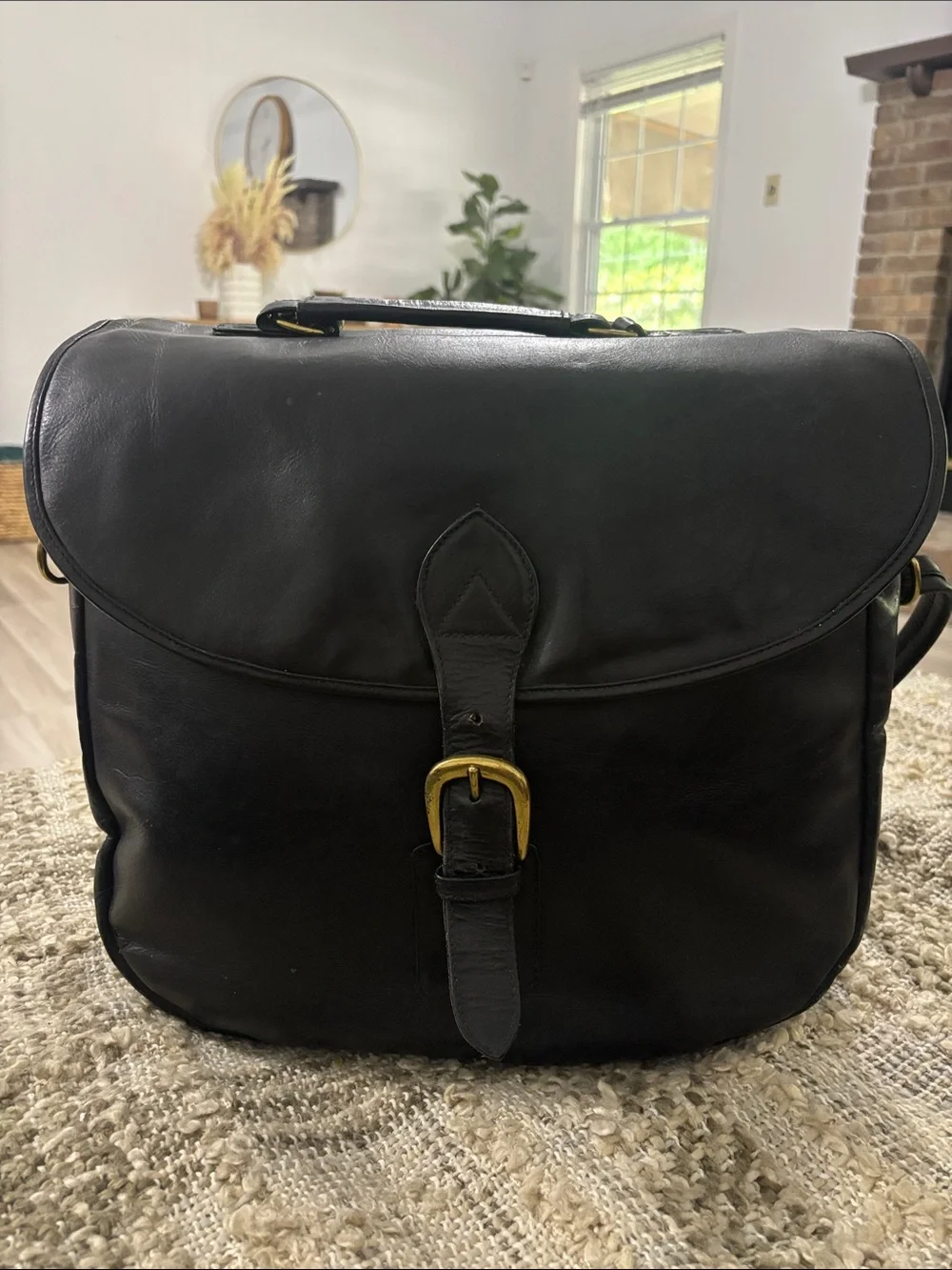 Wilson Leather Black Men's Convertible Messenger Backpack Bag with Brass Buckle
